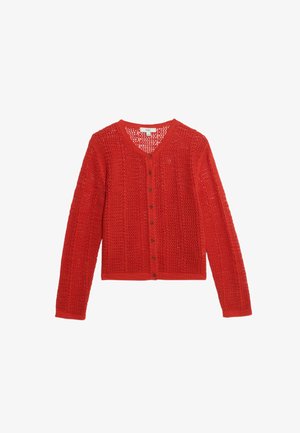 Cárdigan de punto rojo con escote en V, mangas largas y cierre de botones en la parte delantera. Presenta una textura suelta y abierta, y ribetes acanalados.