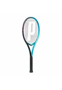 Raqueta de tenis con un marco azul y negro, que presenta un agarre negro texturizado y un patrón de cuerdas con un logotipo blanco en el centro.