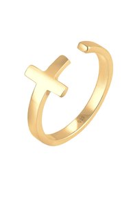 Anello in tonalità oro con un design minimalista a croce. La fascia è liscia e arrotondata con uno stile aperto, mettendo in risalto un aspetto elegante e moderno.