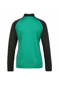 Langarm sporttop met een groene body en zwarte raglanmouwen. Heeft een hoge kraag en een gladde, rekbare textuur.