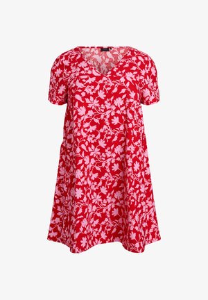 Rotes Blumenkleid mit kurzen Ärmeln, V-Ausschnitt und A-Linien-Design. Mit pinkfarbenen Blumenmustern auf leuchtend rotem Hintergrund.