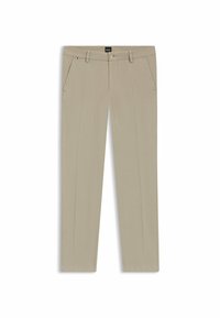 Beige broek met een recht model, voorzien van zijzakken en een ritssluiting. Gemaakt van lichtgewicht stof met een gladde textuur.