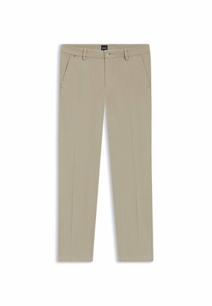 Pantaloni beige con design a gamba dritta, dotati di tasche frontali e chiusura con zip. Realizzati in tessuto leggero con una consistenza liscia.