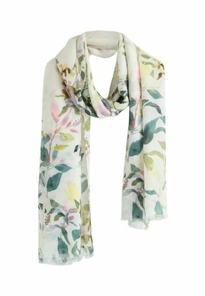 Leichter floraler Schal mit cremefarbenem Grund und grünen, pinken und gelben botanischen Mustern. Die Ränder sind leicht fransig. Weiche Textur.