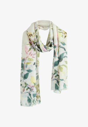 Gaisīgs ziedu šalle ar krēmkrāsas pamatni un zaļiem, rozā un dzelteniem botāniskiem rakstiem. Malas viegli frangētas. Maiga tekstūra.