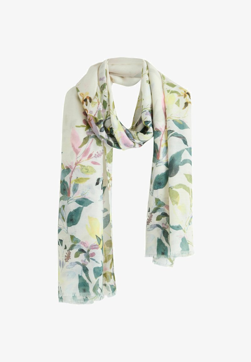 Lehký květinový šátek s krémovým základem a zelenými, růžovými a žlutými botanickými vzory. Okraje jsou jemně třásněné. Měkká textura.