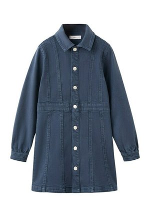 Abito in denim blu scuro a maniche lunghe con colletto e una fila frontale di bottoni argento che va dal collo all'orlo.