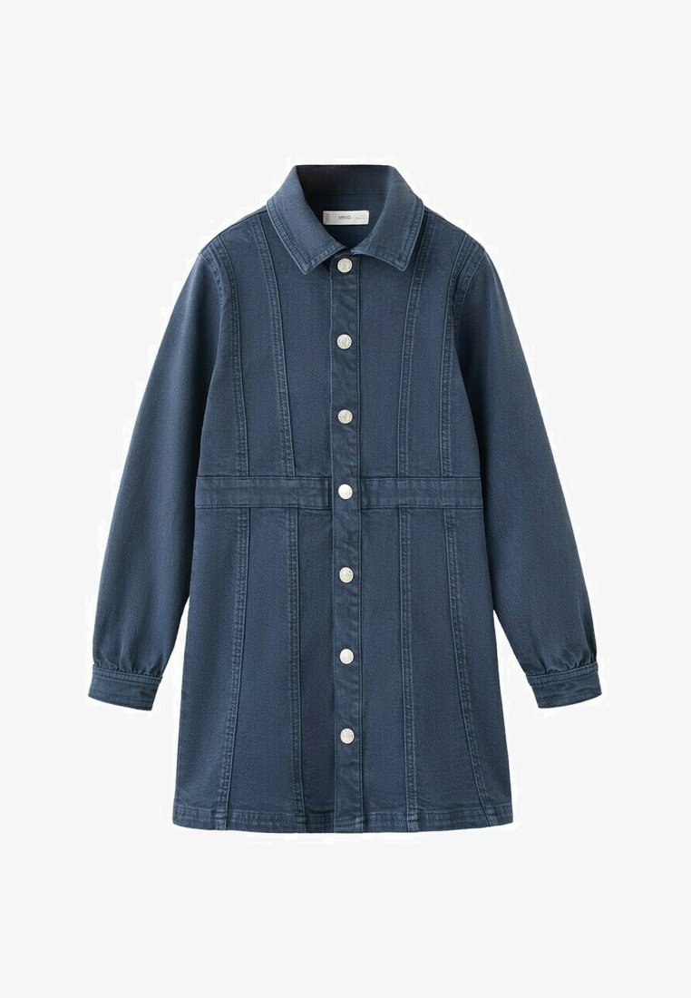 Robe en denim bleu foncé à manches longues avec un col et une rangée de boutons argentés sur le devant, allant du col à l'ourlet.