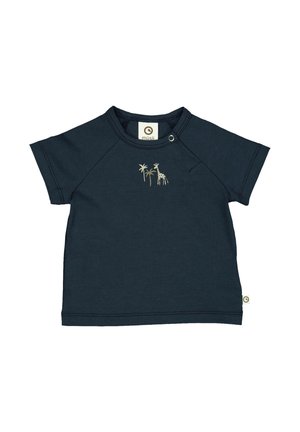 Tummaa sininen puuvillapaidat, jossa on lyhyet raglan-hihat. Edessä on beigenvärinen kirahvi ja palmuja brodeeraus. Pyöreä pääntie, jossa on nepparilukitus.
