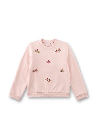 Rosa Baumwoll-Sweatshirt mit langen Ärmeln und gerippten Bündchen. Verfügt über florale Stickerei in Grün und Pink auf der Vorderseite. Rundhalsschnitt.