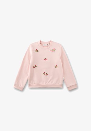 Rosa Baumwoll-Sweatshirt mit langen Ärmeln und gerippten Bündchen. Verfügt über florale Stickerei in Grün und Pink auf der Vorderseite. Rundhalsschnitt.