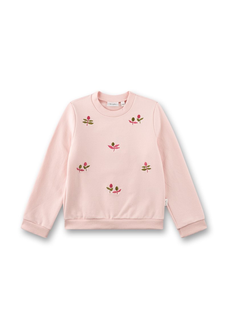 Rosa Baumwoll-Sweatshirt mit langen Ärmeln und gerippten Bündchen. Verfügt über florale Stickerei in Grün und Pink auf der Vorderseite. Rundhalsschnitt.