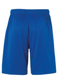Blauwe sportshorts met een elastische tailleband, gemaakt van een gladde, lichte stof. Rechte snit zonder zichtbare zakken of versieringen.