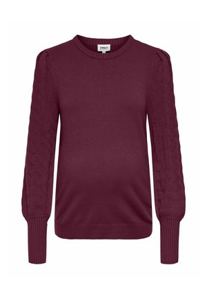 Pull tricoté violet prune avec manches bouffantes texturées, poignets côtelés, encolure ronde et ourlet côtelé, conçu pour les femmes.