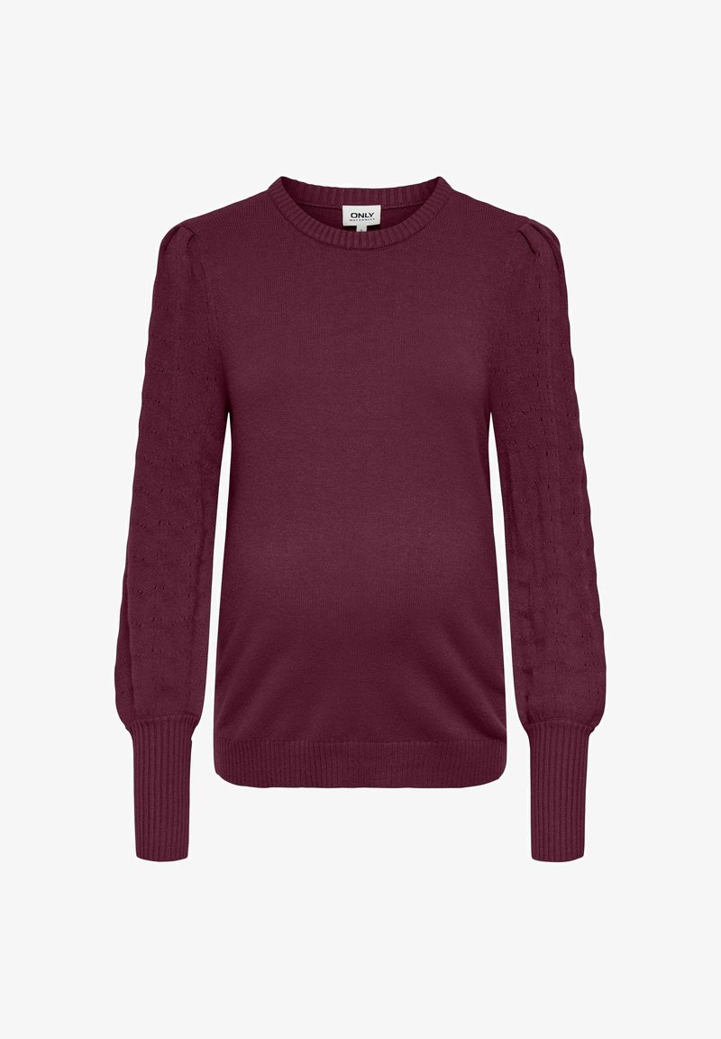 Pull tricoté violet prune avec manches bouffantes texturées, poignets côtelés, encolure ronde et ourlet côtelé, conçu pour les femmes.