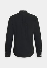 Black long-sleeve shirt with a collar, single button at the neck, and buttoned cuffs. Features a smooth texture and a tailored back design.
