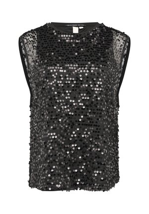 Schwarzes ärmelloses Top mit einem glitzernden Pailletten-Detail in verschiedenen Schwarz- und Silbertönen, runder Ausschnitt und transparenten Seiten.