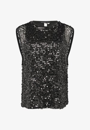 Black sleeveless top featuring a shiny sequin detail in varying shades of black and silver, with a round neckline and sheer sides.