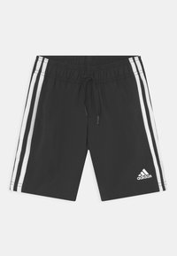 Black athletic shorts with an elastic waistband, adjustable drawstring, and white side stripes. Features the Adidas logo on the lower leg.