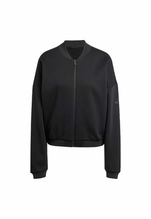 Veste bomber noire zippée, fabriquée en tissu doux, dotée d'un col rond, de manches longues et de poignets et d'ourlet côtelés. Design simple sans motifs.