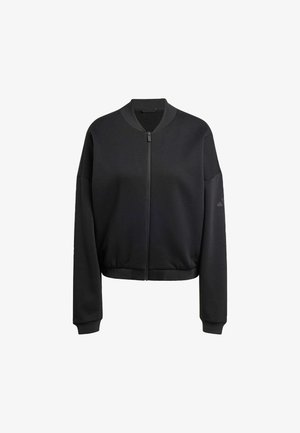Black zip-up bomber jacket, made of soft fabric, features a round neck, long sleeves, and ribbed cuffs and hem. Simple design with no patterns.