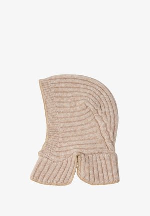 Strickmütze in hellbeige mit gerippter Struktur, mit rundem Oberteil und weit auslaufendem, doppellagigem Saum für zusätzliche Wärme und Schutz.