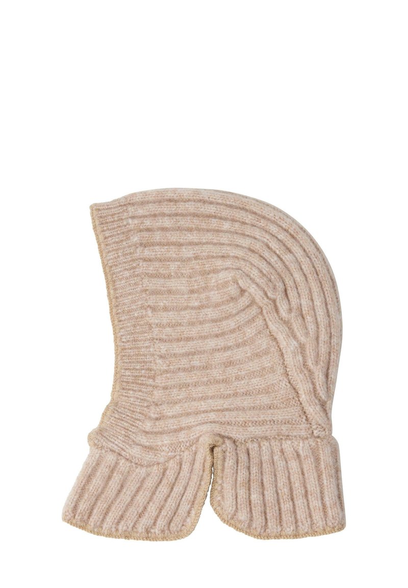 Berretto lavorato a maglia in beige chiaro con texture a coste, dotato di una parte superiore arrotondata e una base svasata a doppio strato per un maggiore calore e copertura.