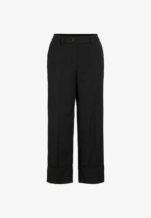 Mustat räätälöidyt housut joustavasta kankaasta, joissa on suora lahkeen leikkaus, yksittäinen nappikiinnitys ja käännetyt lahkeenvarret siistin viimeistelyn takaamiseksi.