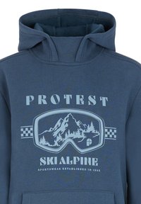 Felpa blu navy con cappuccio regolabile, presenta una grafica di occhiali da sci e un paesaggio montano, con il testo "PROTEST SKI ALPINE" in bianco.