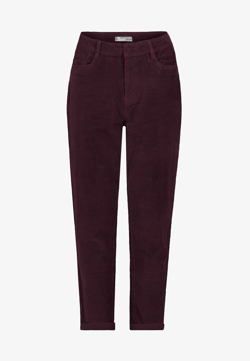 Bordeaux corduroy broek met een slim fit, voorzien van vijf zakken en een opgerolde zoom. De stof heeft een ribbelstructuur.