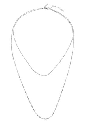 Collier délicat en argent à double chaîne avec de petites maillons rectangulaires et ronds, équipé d'une fermeture mousqueton avec extension réglable.