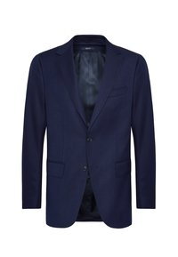 Námornícky modrý blazer s klopovým golierom, jednoprsťové zapínanie a dve predné vrecká. Hladká textúra s jemným vzorom.