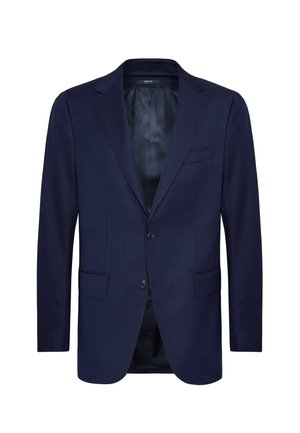 Námornícky modrý blazer s klopovým golierom, jednoprsťové zapínanie a dve predné vrecká. Hladká textúra s jemným vzorom.