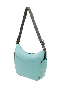 Aqua-blaues Schultertasche mit glatter Textur, verstellbarem dunkelgrauem Gurt, Reißverschluss und Fronttasche für Stauraum.