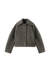 Ingekorte jas in een bruin en zwart houndstooth patroon, met een klassieke kraag, een voor sluiting met knopen en twee zijzakken.