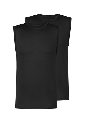 To ensfarvede sorte ærmeløse undertrøjer med rund hals, der er stablet med den ene let bag den anden på en hvid baggrund.