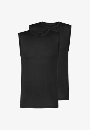 To ensfarvede sorte ærmeløse undertrøjer med rund hals, der er stablet med den ene let bag den anden på en hvid baggrund.