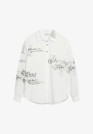 Weißes Langarmhemd mit schwarzem, handgeschriebenem Text und abstrakten Designs. Vorderseite mit Knöpfen, abgerundetem Saum und geknöpften Ärmeln.