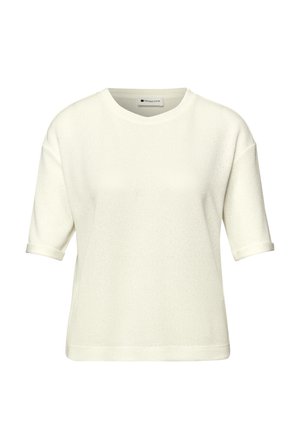 Krémově zbarvený pletený krátký rukáv s kulatým výstřihem a mírně zatočenými manžetami, vyrobený z texturované látky.