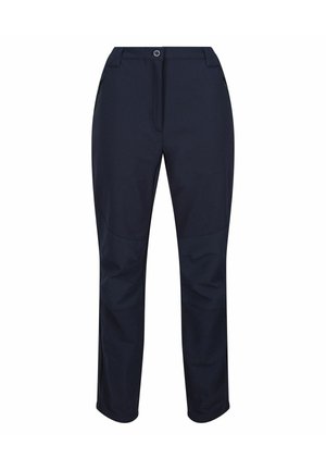 Granatowe spodnie o prostych nogawkach z zapięciem na guzik i suwak, przednimi kieszeniami oraz wzmocnionymi panelami na kolanach.