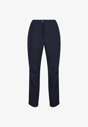 Granatowe spodnie o prostych nogawkach z zapięciem na guzik i suwak, przednimi kieszeniami oraz wzmocnionymi panelami na kolanach.