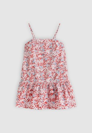 Roku nepiesaista rozā vasaras kleita ar plānām lencītēm un sarkanu, zilu un baltu ziedu rakstu, ar savāktu volānu apakšmalu.