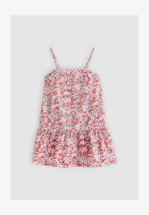 Roku nepiesaista rozā vasaras kleita ar plānām lencītēm un sarkanu, zilu un baltu ziedu rakstu, ar savāktu volānu apakšmalu.