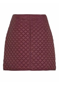 Burgundi spalvos pagaminta mini sijonas su karoliukų siuvinėjimu ir šiek tiek A formos siluetu.