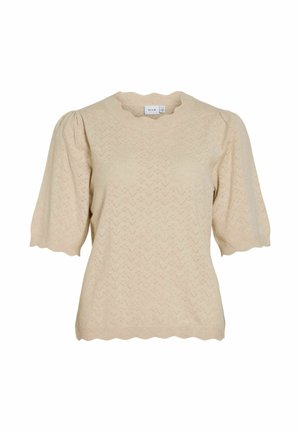 VILA, KNITTED TOP VIEMI SHORT SLEEVED - T-shirt imprimé - super light natural mel