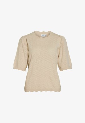 VILA, KNITTED TOP VIEMI SHORT SLEEVED - T-shirt imprimé - super light natural mel