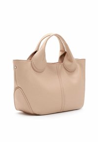 Borsa a mano in pelle beige con forma strutturata, doppio manico rotondo e dettagli di cucitura sottili. Texture liscia e design minimalista.