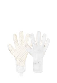 Gants de gardien de but blancs dotés d'une prise en caoutchouc texturé sur la paume, d'un matériau lisse au dos et d'une sangle de soutien au poignet.