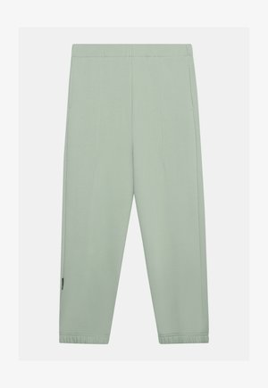 Svetlo zelene priložnostne hlače z elastičnim pasom in zapestniki na gležnjih, sprednjimi šivi ter stranskimi žepi, prikazane razporejene na belem ozadju.