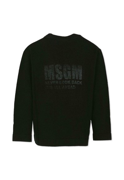 Czarny sweter dzianinowy z długimi rękawami, z okrągłym dekoltem i napisem "MSGM NEVER LOOK BACK IT'S ALL AHEAD" w ciemnoszarym na plecach.